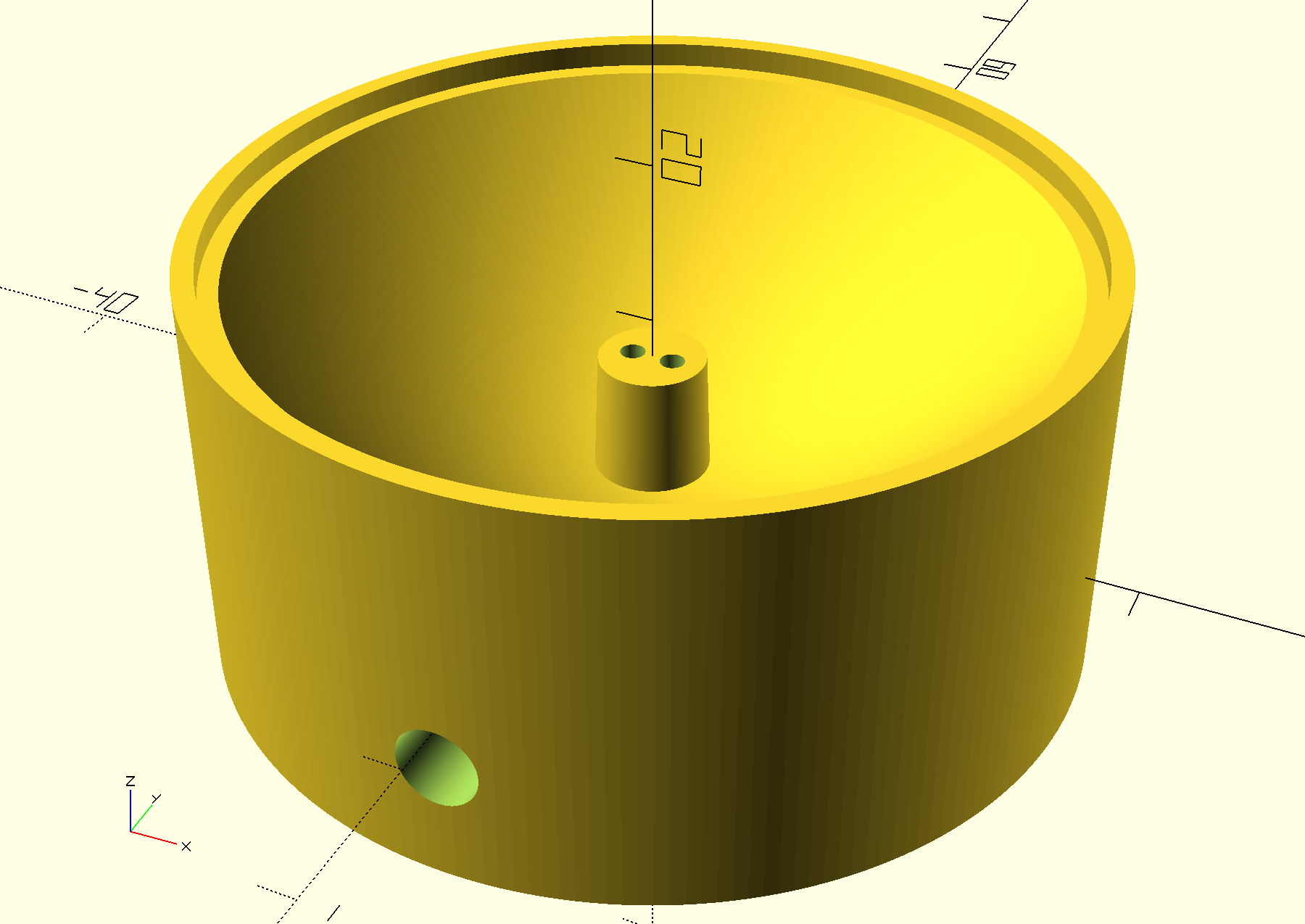 OpenSCAD rendering of the parabolic dish with pedestal and cable access hold.